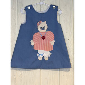 Vintage Girls Chocolate Soup Casual pinafore Dress 3T Blue Pink Cat Applique